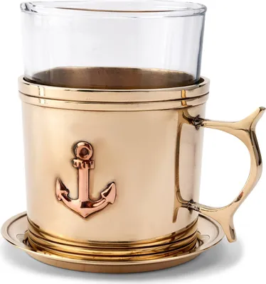 Produktbild von Teeglas mit Untersetzer aus Messing gold massiv 9,5cm hoch maritime Tee Tasse