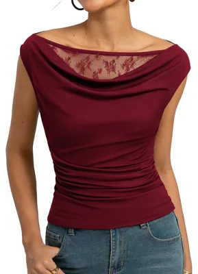Produktbild von Kate Kasin Damen Bluse Y2K Sommer Spitzen Oberteil Drapiert Wasserfallausschnitt
