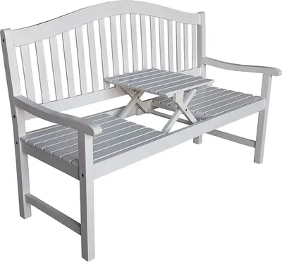 A white wooden garden bench with a small, foldable table in the center.