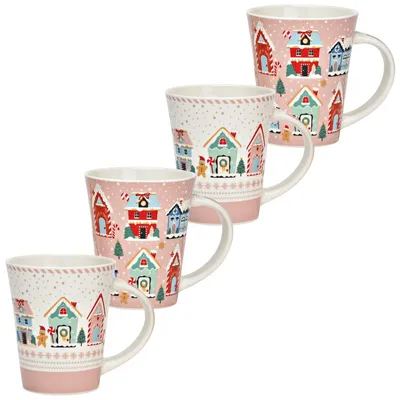 Produktbild von Weihnachtsdorf Weihnachts-Tassen 4er Set rosa bunt in 10 cm, 350 ml