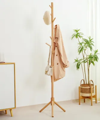 Produktbild von yorbay Garderobenständer Massivholz, freistehend, mit 8 Haken, Naturholzfarbe, für Kleidung, Hüte, Rucksäcke, Höhe 174 cm, Breite 43 cm, Hakenlänge 13 cm, max. 15 kg gesamt, 2 kg pro Haken
