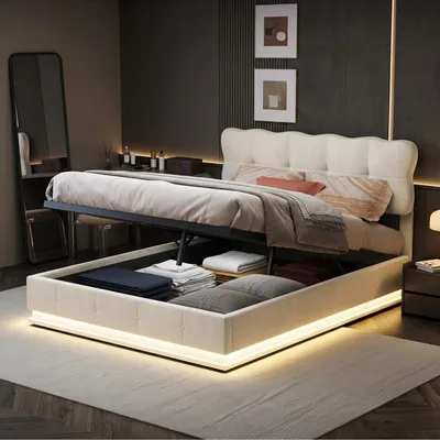 Zdjęcie produktu dla Łóżko podwójne ProximaX z mechanizmem gazowym, 140×200 cm – obicie aksamitne, łóżko z schowkiem i oświetleniem LED pod spodem, do sypialni, beżowe