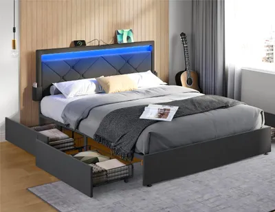 A bedroom scene featuring a bed with LED lighting, drawers, and a guitar in the background.