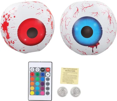 Produktbild von 2PCS Terror aufblasbare Dekoration mit 12 Farben einstellbarer LED-Augapfellampe für Halloween-Party Blau und Rot