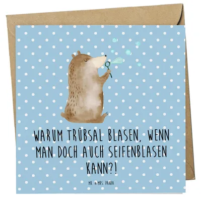 Produktbild von Mr. & Mrs. Panda Grußkarte Bär Seifenblasen - Blau Pastell - Geschenk, Glückwunschkarte, Lustig Sein Glücklich Traurig Happy, anlasskarte, Teddy, Klappkarte, faltkarte