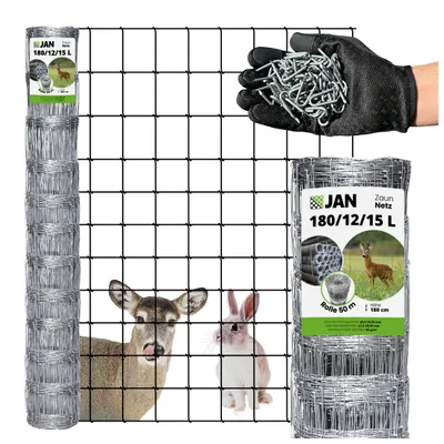 A product image showcasing a roll of wire mesh fencing, along with a hand holding fasteners and images of a deer and a rabbit behind the fence.