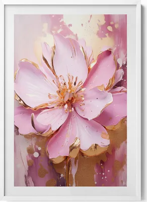 Produktbild von Romantische gemalte Blume in Gold– Wandbild mit Rahmen – Gerahmtes Bild  – Wanddekoration – 70x100 cm –  Weiß Rahmen