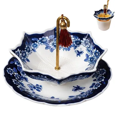 Imagen del producto de Colador de cerámica para té con platillo – Filtro para té a granel – Colador de porcelana de malla fina – Filtro de té giratorio para taza, ideal para preparar café o té