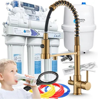 Immagine prodotto di Rubinetto da cucina a 3 vie Ari Solid Spring con doccetta estraibile e perlatore, collegamento per filtro acqua, oro spazzolato