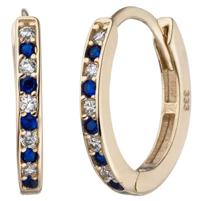 Schmale-Creolen-333-Gelbgold-20-Zirkonia-blau-weiß