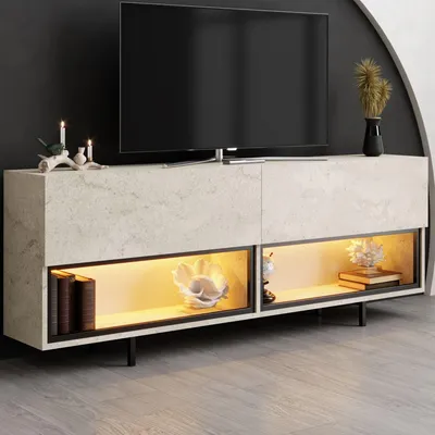Zdjęcie produktu dla Skye Decor, wysokiej jakości podstawa telewizyjna, trawertyn, 180 x 67 x 32 cm | 100% płyta wiórowa pokryta melaminą, grubość 18 mm | Metalowe nogi, system oświetlenia, nowoczesny i elegancki design.