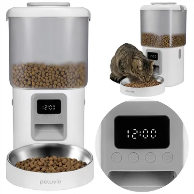 Immagine prodotto di Distributore automatico di cibo per gatti Peluvio Crispy 4,5 l – 4 pasti, LCD, ciotola in acciaio inossidabile, funzionamento a batteria - Bianco