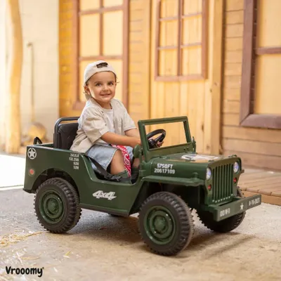 Produktbild von Willys Elektro-Armeeauto für Kinder 12V (1–6 Jahre) – Militär Jeep Retro Design, mit 2.4G Fernbedienung, EVA-Reifen & Ledersitz – Kinder Elektroauto Offroad – Grün