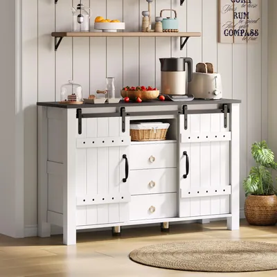 Produktbild von MODFU Buffetschrank mit Schiebetüren und 3 Schubladen,Beistellschrank,Küchen- und Esszimmerschrank mit Stauraum im Landhausstil,weiß