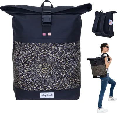 A collage of images showing a black roll-top backpack with an ethnic pattern, a close-up of the backpack, and a woman wearing the backpack.