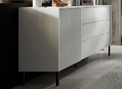 Produktbild von Kommode 3 MIA 145 cm mit geriffelte Fronte mit Schubladen und Türen Sideboard Metallbeine Weiß
