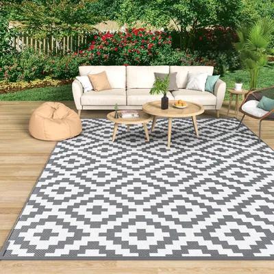 Immagine prodotto di Tappeto da esterno resistente alle intemperie, 120 x 180 cm, grigio e bianco, in plastica