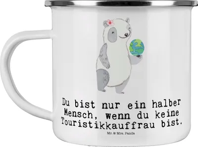 Produktbild von Mr. & Mrs. Panda Emaille Tasse Touristikkauffrau Herz - Weiß - Geschenk, Reisebecher, Teetasse, metallbecher, Pott