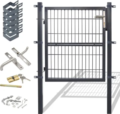 A garden gate and its accessories are displayed against a white background.