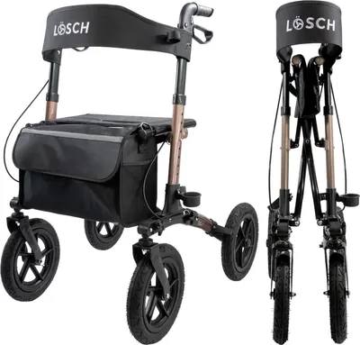 Produktbild von loesch-reha Rollator TABAS AIR, Leichtgewicht, Reise- & Geländerollator, Champagner, Aluminium, 3-fach faltbar, luftbereift, Stockhalter, Tasche, Ankipphilfe, Parkbremse, Lenkungsdämpfer, gepolsterte Rückenlehne. Faltmaß: 69x44x34cm; Breite offen/geschlossen: 67/28cm; Länge: 80.5cm; Sitzhöhe: 62cm; Griffhöhe: 87.3-104.8cm; Gewicht: 10.68kg; Max. Tragkraft: 120kg (Rollator), 5kg (Tasche); Radgröße: 12 Zoll; Empf. Körpergröße: 153-195cm.