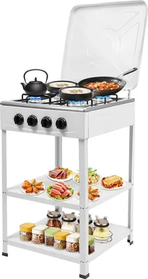 Immagine prodotto di Cucina mobile a gas per esterni - Modello da pavimento - 4 fuochi - GN/GPL (è necessario un regolatore di bassa pressione) - Parabrezza - 2 ripiani - Accensione manuale - 49×49×79 cm - Bianco