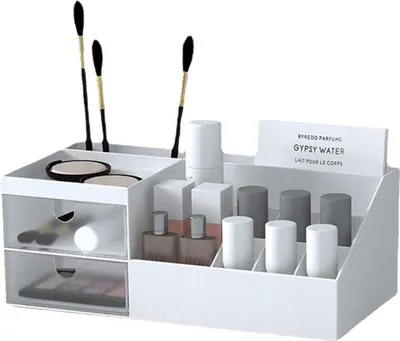 Produktbild von Multifunktionale Aufbewahrungsbox für Kosmetika – großes Fassungsvermögen mit unterteilten Fächern für Schmuck, Lippenstift, Hautpflegeprodukte auf dem Schminktisch