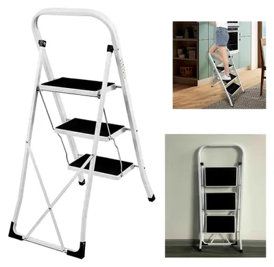 Produktbild von Trittleiter 3 Stufen Leiter Stahl Trittleiter Klappbare mit Rutschfester Plattform, 3 Stufen Klappstufen Leiter mit Klappsicherung mit Rutschfesten Füßen, bis 150 kg, Stufenleiter mit Haltegriff