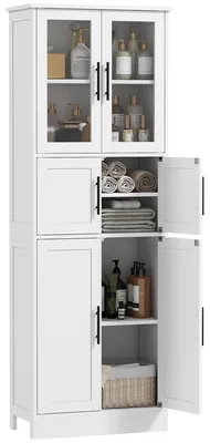 Produktbild von Badezimmerschrank, 6-stufiges Aufbewahrungssystem, 6 Tš¹ren (2 Glastš¹ren), verstellbare Einlegeb?den, 60 x 30 x 170 cm, wei?