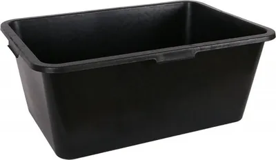 A black rectangular tub or basin is shown from a slightly elevated side angle against a white background.