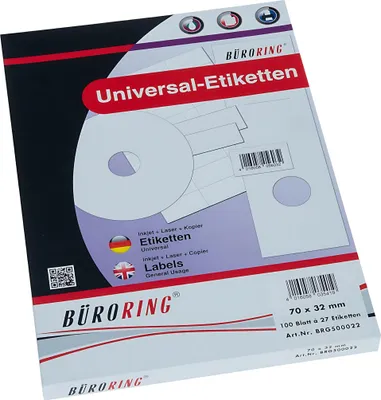 Produktbild von Büroring Etiketten, 70 x 32 mm, weiß, 2.700 Etiketten, lösungsmittelfrei, Inkjet-, Laserdrucker, Kopierer, 100 Blatt