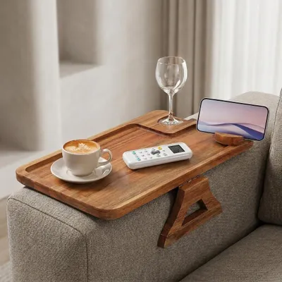 Sofa-Armlehnen-Tisch mit Weinglashalter, klappbar, Akazienholz
