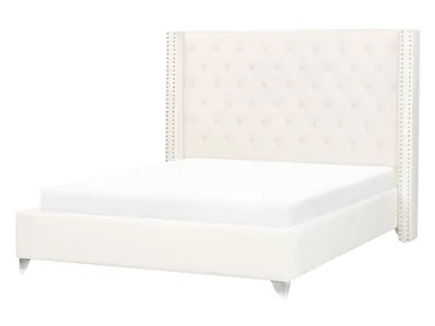 Produktbild von BELIANI Bett Cremeweiß Samt mit Lattenrost 140 x 200 cm Hohes Gestepptes Kopfteil Knopfheftung Nieten Chesterfield Stil Retro Doppelbett Schlafzimmer