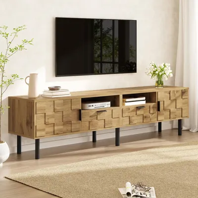 Produktbild von Merax TV-Lowboard in Mosaik-Design mit 2 Türen und 2 Schubladen, TV-Schrank mit 2 offene Fächer, Holzoptik, Medienkommode mit Metallfüßen, Natur