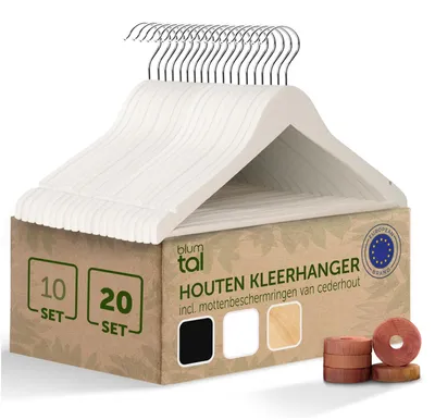 Kleiderbügel aus Massivholz, 20 Stück, 360° drehbar, Antirutsch, Weiß