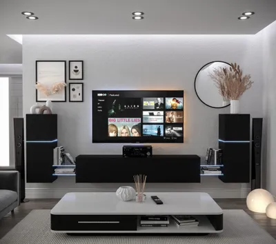 Obrázek produktu pro Furnitech Obývací stěna - Nábytek do obývacího pokoje s LED RGB - 16 barev - Moderní závěsná skříňka - Police a TV skříňka (AN104-21B-M4-1C)