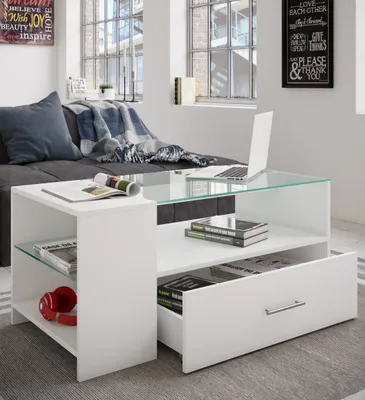 Produktbild von VCM Holz Couchtisch mit ESG-Sicherheitsglas | Sofatisch mit ausreichend Stauraum | Maße ca. H. 45 x B. 100 x T. 50 cm | Wohnzimmertisch mit Schublade - Tindala