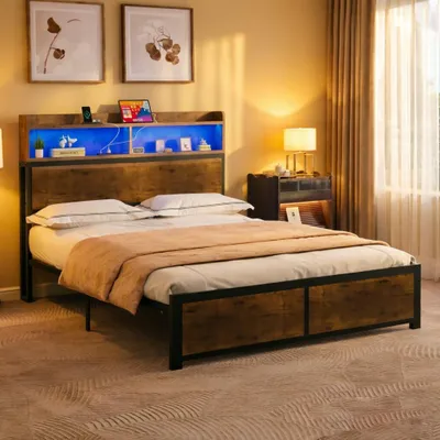 Produktbild von Doppelbett mit Kopfteil, LED Bettgestell 180 x 200 cm, mit Regalböden USB-Anschlüsse und Stecker, Bettrahmen Metallbett, Braun