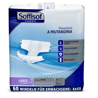 Produktbild von Soffisof Classic Windeln für Erwachsene Maxi L - 60x Inkontinenz Slip - 4 Packungen mit 15 Erwachsenen Windeln, 9 Tropfen - Inkontinenz Schutzhosen