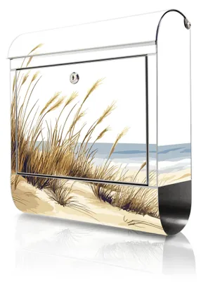 Produktbild von banjado Edelstahl Briefkasten mit Zeitungsfach mit Motiv Dünenlandschaft am Meer großer Design Postkasten rostfrei, A4 Einwurf [BKGE2 13281]