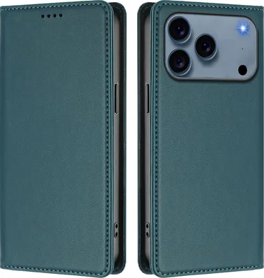 Produktbild von Handyhülle für iPhone 17 Pro, Kunstleder Klapphülle Stoßfeste Magnetische Hülle mit Ständer Grün