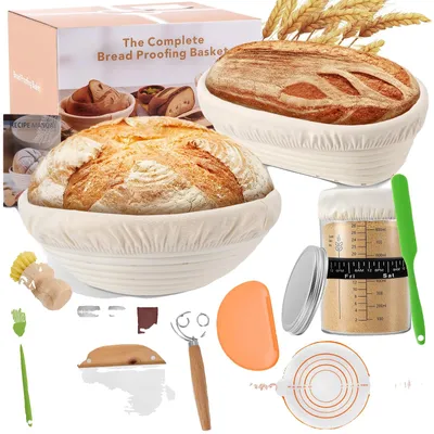 Imagen del producto de Kit para masa madre, con recipiente de vidrio de 900 ml, cestas de fermentación de ratán, color beige