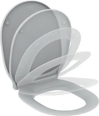 A toilet seat shown from a diagonal angle, with multiple layers indicating its soft-closing mechanism.