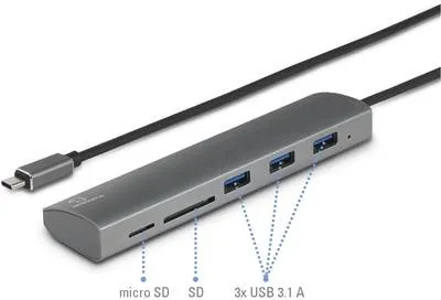 Produktbild von Renkforce 3 Port USB 3.2 Gen 1-Hub (USB 3.0) mit eingebautem SD-Kartenleser, mit Aluminiumgehäuse Silber