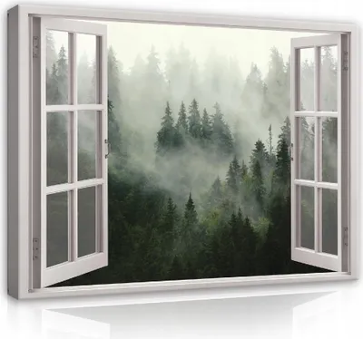Produktbild von Leinwandbild Femster Wald 120x80 cm XXL Fensterblick Modern Canvas Bilder Leinwandbilder Schlafzimmer Wohnzimmer Wandbilder Kunstdruck Wand Bild auf Leinwand Aufhängefertig