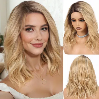 Produktbild von Synthetische T-Lace Fronten Perücke klebefrei Schulterlang Wellen Ombré Goldblond