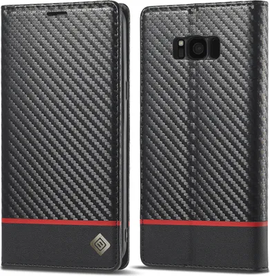 Produktbild von Hülle für Samsung Galaxy S8 Plus Kohlefaser Leder Brieftasche Schutzhülle mit Standfunktion Schwarz Horizontal Rot