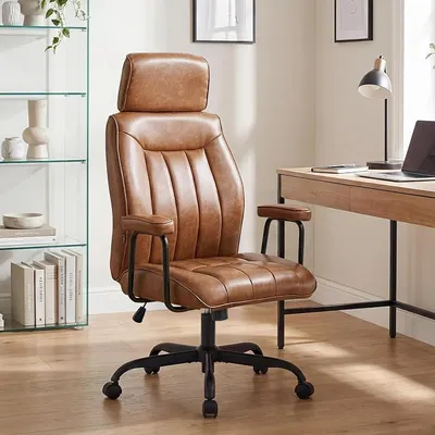 Produktbild von Bürostuhl Ergonomisch, Schreibtischstuhl mit Verstellbarer Kopfstütze, Kunstleder Chefsessel mit Gepolsterter Armlehnen und Höhenverstellbar, Neigefunktion, Drehstuhl Mit Rollen, Braun