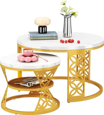 Produktbild von okwish Couchtisch-Set 2-teilig rund-weiß Marmor Optik – Goldene Metallbeine-Modern Wohnzimmer Tisch,weiß+Gold