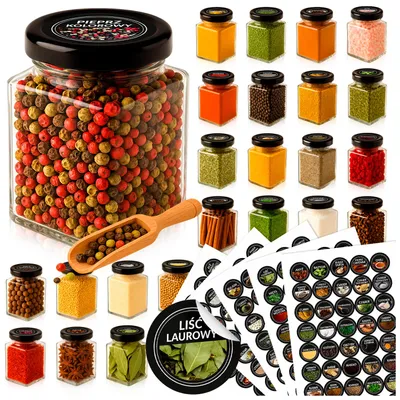 Zdjęcie produktu dla SuperButelki - 24x Słoiczki szklane 120 ml na przyprawy + 200x kolorowe etykiety + nabierak, kompletny zestaw, organizer kuchenny ze słoiczkami