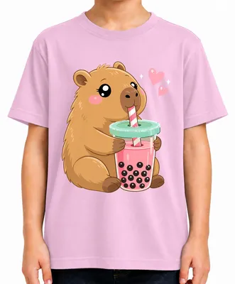 Immagine prodotto di T-shirt per bambini con la scritta "Kawaii Capybara Boba Bubble Tea Süß Japan Y2K", con immagine di un capibara carino, colore rosa, taglia 116